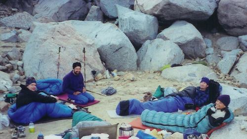 Jim, Foo'ball, Tad and Leslie enjoy their cozy Darwin Lakes campsite.