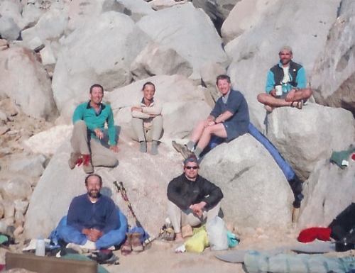 Tad, Leslie, Ken, Schmed, Foo'ball and Jim enjoy the afternoon sun back in camp.