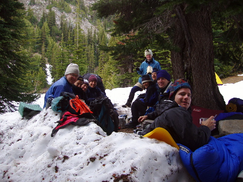 Ken, Steve, Duane, Rob, Oanh, Randuu (standing), Dave, Tad and Jim in camp at Glacier Basin