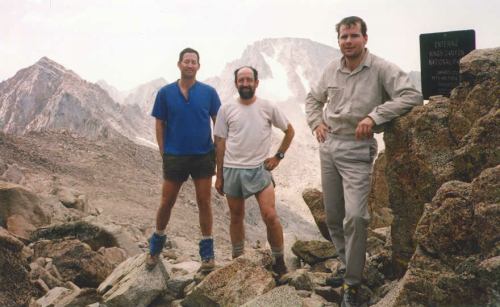 Tad, Foo'ball and Jim (after they finally got up) at Lamarck Col with "Mt. Tom Ross" and Mt. Darwin behind.