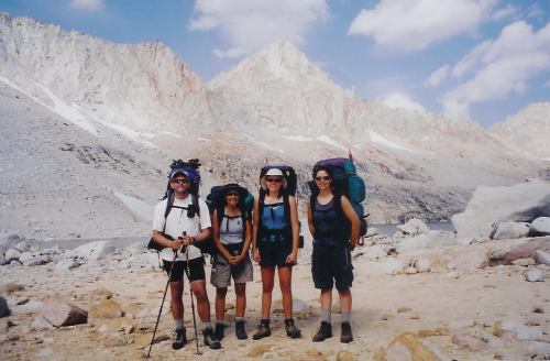 Schmed, Leslie (the short one), Marija and Tasha break their Royce Lake camp with Feather in the background.